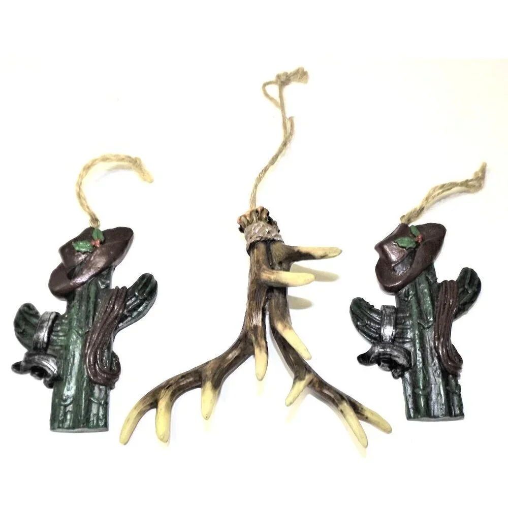 Set of three Southwestern ornaments - two cacti and one set of antlers 4 inches